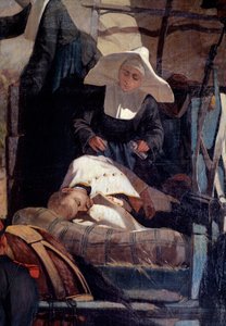 Italian sotilasleiri Magentan taistelun aikana Magentan taistelu 4. kesäkuuta 1859 Italian kampanjan aikana, joka johti Ranskan ja Sardinian johtamaan Napoleon III:n johtamaan voittoon itävaltalaisia vastaan - Yksityiskohta, joka kuvaa avustavaa sairaanhoi