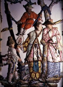 Salon Chino (kiinalainen huone) yksityiskohta, joka kuvaa kiinalaisen parin ja leikkivien lasten hahmoja, 1769 (posliini) (katso myös 93237, 93239) tekijältä Giuseppe Gricci