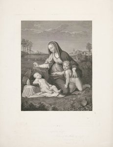 Maria lapsen kanssa ja nuori Johannes Kastaja maisemassa Madonna del Velo tekijältä Giuseppe Longhi