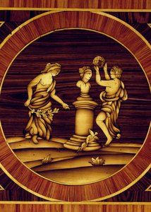 Lepitysrituaali Merkuriuksen hermissä, yksityiskohta lipasta pähkinä-, vaahtera-, puksipuu-, oliivi-, ruusu- ja ruusupuusta, Giuseppe Maggiolini (1738-1814), Italia