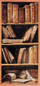 Asetelmakirjasto musiikkikirjoilla. Giuseppe Maria Crespi dit lo Spagnolon (espanjalainen) maalaus (1665-1747) 1715 Bologna, musiikin konservatorio