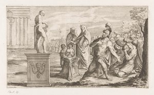 Aeneas tarjoaa Apollolle Kuningas Coelicolus tappaa härän rannalla (otsikko esineessä) Omzwervingen van Aeneas (sarjan nimi) L