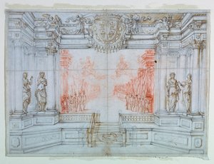 Piirustus, näyttämösuunnittelu: Balet Cele, 1674 tekijältä Giuseppe Maria Mitelli