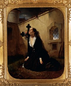 Giuseppe Moltenin (1800-1867) surullinen eversti Manaran rakkaan tai vaimon menetys miehensä haudalla, öljy kankaalle