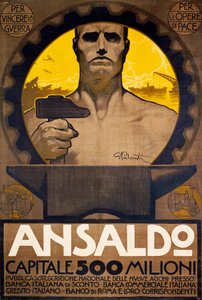 Työntekijä vasaralla ja alasimella, Genovan Ansaldon juliste uusien osakkeiden merkinnästä