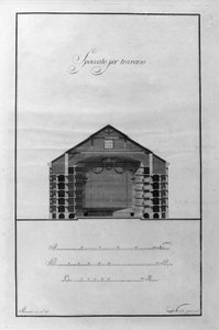 Giuseppe Piermarinin (1734-1808) La Scala -teatterin arkkitehtoninen kuppi noin 1776-1778 Milano, Italia (Piermarinin arkkitehtuuripiirros alla Scalasta, Milano, Italia) Kaiverrus tekijältä Giuseppe Piermarini