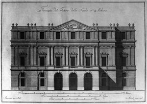 Giuseppe Piermarinin (1734-1808) toteuttama piirros Milanon Teatro alla Scalan (Theatre de la Scala) julkisivun ulkoarkkitehtuurista. tekijältä Giuseppe Piermarini