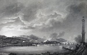 Englantilainen laivasto pommittaa Genovaa, 25. toukokuuta 1800, Giuseppe Pietro Bagetin (1764-1831) piirroksesta tehty teräskaiverrus, Pariisi