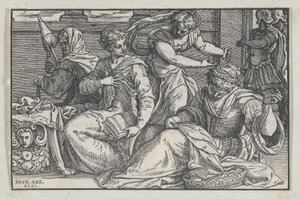 Lucretia opettaa tyttäriään käsityössä, 1557. tekijältä Giuseppe Porta