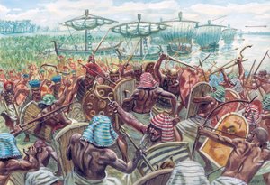 Muinainen Egypti: Delta-joen taistelu oli Egyptin ja merikansojen välinen meritaistelu noin vuonna 1175 eaa., jolloin Egyptin faarao Ramesses III torjui suuren merihyökkäyksen - Kuvitus: Giuseppe Rava tekijältä Giuseppe Rava