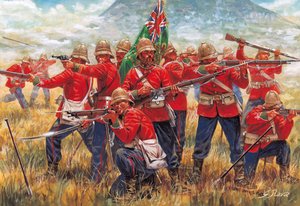 Anglo-Zulun sota: Britannian valtakunnan sotilaita Isandhlwanan (Isandlwana tai Isandula) taistelussa Etelä-Afrikassa 22.1.1879 - Anglo-Zulun sota: Britannian valtakunnan sotilaita Isandlwanan taistelussa 22.1.1879 - Kuvitus: Giuseppe Rava tekijältä Giuseppe Rava
