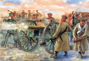 Krimin sota: Krimin sota: venäläisiä sotilaita Balaklavan taistelussa 25.10.1854 - Krimin sota: venäläisiä sotilaita Balaklavan taistelussa 25.10.1854 - Kuvitus: Giuseppe Rava tekijältä Giuseppe Rava