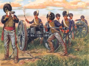 First Empire: Ensimmäinen imperiumi: Englantilaisen tykistön sotilaat lataavat tykkiä Waterloon taistelussa vuonna 1815 - Ensimmäinen imperiumi: Englantilaisen armeijan sotilaat lataavat tykkiä Waterloon taistelussa vuonna 1815 - Kuvitus: Giuseppe Rava tekijältä Giuseppe Rava