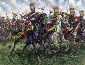 Ensimmäinen keisarikunta: Keisarillisen kaartin punaiset lanssijat eli keisarillisen kaartin hevosrykmentti Waterloon taistelussa 18.6.1815 - Ensimmäinen keisarikunta: Keisarillisen kaartin 2. kevyen ratsuväen rykmentti (punaiset lanssijat eli Red Lancers) tekijältä Giuseppe Rava