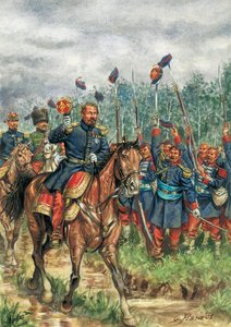 Napoleon III (1808-1873) hevonen tervehtii armeijaansa (piirros). tekijältä Giuseppe Rava