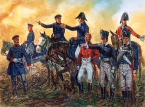 Napoleonin sota: Arthur Wellesley, Wellingtonin herttua (1769-1852) brittiläisten joukkojen komentajana ja Gebhard Leberecht von Blucher (1742-1819) Preussin armeijan komentajana Waterloon taistelussa 18.6.1815 - (Napoleonin sodat: komentajat Duke of Welli tekijältä Giuseppe Rava