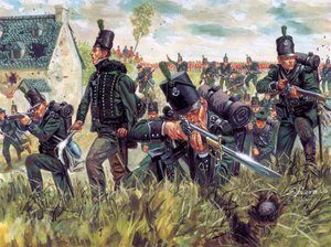 Napoleonin sota: 95. kiväärirykmentin brittiläiset kiväärimiehet puolustavat hiekkakuoppaa Waterloon taistelussa 18.6.1815 - (Napoleonin sota: brittiläiset kiväärimiehet puolustavat hiekkakuoppaa Waterloon taistelussa 18.6.1815) Kuvitus: Giusep tekijältä Giuseppe Rava