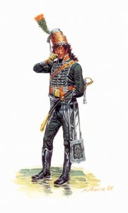 Joachim Muratin (1767-1815) muotokuva nuoresta sotilaasta metsästäjän univormussa - Muotokuva nuoresta Joachim Muratista metsästäjän univormussa - Kuvitus: Giuseppe Rava tekijältä Giuseppe Rava