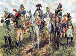 Muotokuva Napoleon I:stä (1769-1821) ja hänen esikunnastaan - Muotokuva Ranskan keisari Napoleon I:stä ja hänen esikunnastaan - Kuvitus: Giuseppe Rava tekijältä Giuseppe Rava