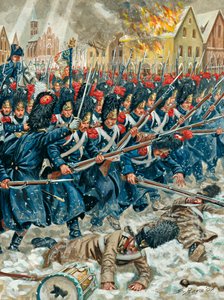 Preussin kampanja: Eylaun taistelussa 8/02/1807 - Preussin kampanja: "Ase käsivarressa" - Keisarillisen kaartin grenadöörit Eylaun taistelussa 8/02/1807: Eylaun taistelu (tai Preussisch-Eylaun taistelu) 7. ja 8. helmikuuta 1807 Napoleonin Grande Armeen ja  tekijältä Giuseppe Rava