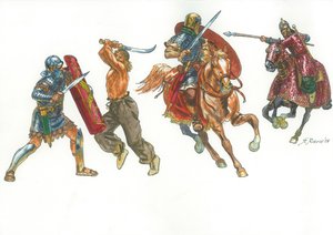 Roomalainen legioonalainen taistelee dakialaista soturia ja roomalaista ratsumiestä vastaan sarmatialaista katafraktoria vastaan. tekijältä Giuseppe Rava
