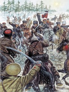Venäjän sisällissota (1917-1923): Venäjän sisällissota: kasakat taistelevat valkoista Venäjän armeijaa vastaan vuonna 1919 - Kuvitus: Giuseppe Rava tekijältä Giuseppe Rava