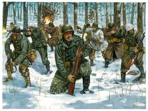 Toinen maailmansota: Amerikkalaisen jalkaväen hyökkäys Ardennien taistelussa Bastognessa, joulukuu 1944 - Toinen maailmansota: amerikkalaisen hyökkäyksen aikana Battle of the Bulge, joulukuu 1944 - Kuvitus: Giuseppe Rava tekijältä Giuseppe Rava