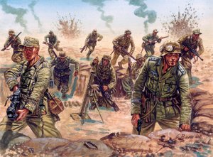 Toinen maailmansota, Pohjois-Afrikan kampanja: Saksan sotaretkikunnan Deutsches Afrikakorpsin (Afrika Korps, Afrikakorps tai DAK) sotilas Libyan autiomaassa. tekijältä Giuseppe Rava