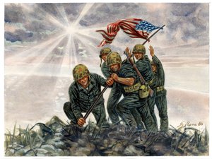 Toinen maailmansota, Tyynenmeren sota: Iwo Jiman taistelu, Yhdysvaltain merijalkaväen voitto helmikuussa 1945 - WWII, Tyynenmeren sota: Iwo Jiman taistelu (operaatio Detachment), Yhdysvaltain merijalkaväen sotilaat nostavat Amerikan lipun, helmikuu 1945, J tekijältä Giuseppe Rava