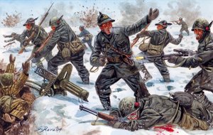 Toinen maailmansota, Venäjän rintama: WWII, Venäjän rintama: italialaiset alppimetsästäjät Venäjällä tammikuussa 1943 - Kuvitus: Giuseppe Rava tekijältä Giuseppe Rava