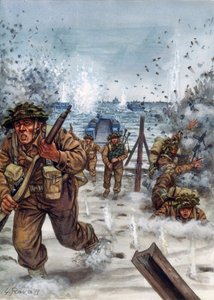 Toinen maailmansota: Skotlantilaisia sotilaita Normandian maihinnousun aikana 6/06/1944 - WWII, D day: Skotlantilaiset sotilaat maihinnousupäivänä Normandiassa 6. kesäkuuta 1944 - Kuvitus: Giuseppe Rava tekijältä Giuseppe Rava