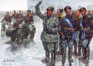 Duce Benito Mussolini (1883-1945) mustien paitojensa (Camicie nere) saattelemana fasistitervehdyksessä sotilasparaatissa - Benito Mussolini ja mustapaidat sotilasparaatissa - Kuvitus: Giuseppe Rava tekijältä Giuseppe Rava