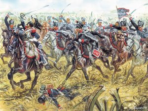 Preussin armeijan kuoleman husaarit, noin 1810 - Preussin armeijan husaarit (Leib-Husarenin rykmentit) 1810 n. - Kuvitus: Giuseppe Rava