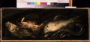 Giuseppe Reccon (1634-1695) Mihail Kroshitskyn taidemuseo, Sevastopol (Sevastopol) Ukrainan maalaus "Asetelma kalan ja rapujen kanssa"