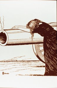 Ensimmäinen maailmansota: sodan vertauskuva, nainen, luultavasti leski, epätoivoisena, luottaa edelleen savuavaan tykkiin. Giuseppe Scalarinin (1873-1948) juliste 1914 Yksityiskokoelma Huomio! Tämän teoksen käyttö voi edellyttää lupaa a tekijältä Giuseppe Scalarini
