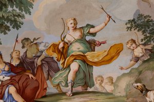 Esitykset Dianan myytistä, Domenico ja Giuseppe Valeriani, fresko, makuuhuoneen holvikatot, Kuninkaan asunto, Metsästysasunto, Filippo Juvarra (1678-1736), Stupinigi, Piemonte, Italia tekijältä Giuseppe and Valeriani Domenico Valeriani