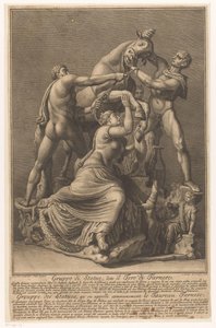 Dirce wordt aan een stier gebonden Farnese Stier Patsasryhmä, nimeltään Farnese Bull / Grouppe des Statues, qu 