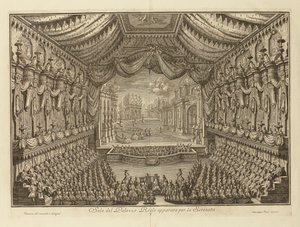 La Serenata -esitys Napolin kuninkaallisessa palatsissa par Vasi, Giuseppe (1710-1782). Kuparikaiverrus, koko: 41,5x62