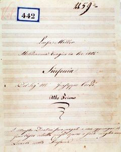 Ensimmäinen sivu Giuseppe Verdin oopperan Luisa Millerin sinfonian partituurista
