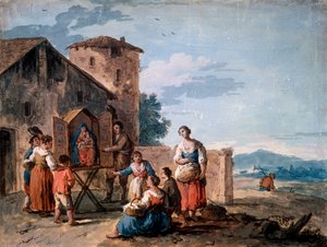 Ryhmä talonpoikia tabernaakkelin edessä seisova Madonna-patsaalla, n. 1750.