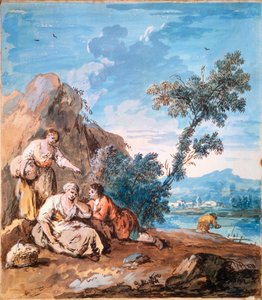Kolme talonpoikaa lepäämässä joen rannalla, c1750.