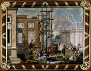 Paneeli pietre dure -upotuksella, joka kuvaa arkkitehtuuria
