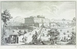 Villa Palmieri Fiesolessa, kirjoittanut Giuseppe Zocchi (1711-1767), Näkymä huviloihin ja ympäristöön Toscanassa, Italiassa