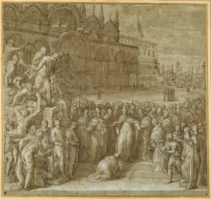 Paavi Aleksanteri III:n ja Frederick Barbarossan välinen sovinto Doge Sebastiano Zianin läsnä ollessa (kynä ja ruskea muste ruskealla pesulla ja korosteella) tekijältä Giuseppe della Porta Salviati