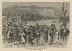 Hugenotit Englannissa: Ranskalaiset hugenottien pakolaiset laskeutuvat Doveriin vuonna 1685 (kaiverrus).