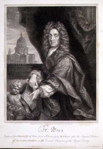 Christopher Wrenin muotokuva kaiverrettu Elmen "Wrenin elämää" varten tekijältä Godfrey (after) Kneller