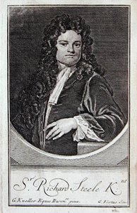 Richard Steelen muotokuva, "The Dramatic Works of Richard Steelen" etulevy, kaiverrettu George Vertue (1684-1756), Lontoo tekijältä Godfrey (after) Kneller