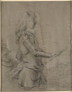 Kolmen neljäsosan muotokuva komentajasta panssaripuvussa ja sauva oikeassa kädessään. Taustalla maisema ja kaupunki tekijältä Godfrey Kneller