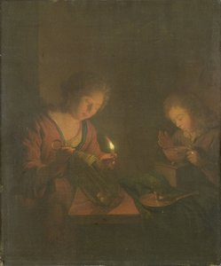 Tuli ja valo (tyttö laittaa kynttilän lyhtyyn ja poika puhaltaa hiilelle hankaavassa astiassa) tekijältä Godfried Schalcken (attributed to)