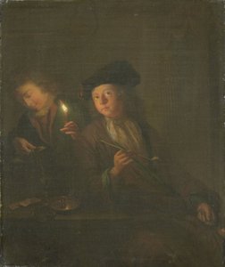 Smoker (mies piipulla ja mies kaataa juomaa lasiin) tekijältä Godfried Schalcken (attributed to)